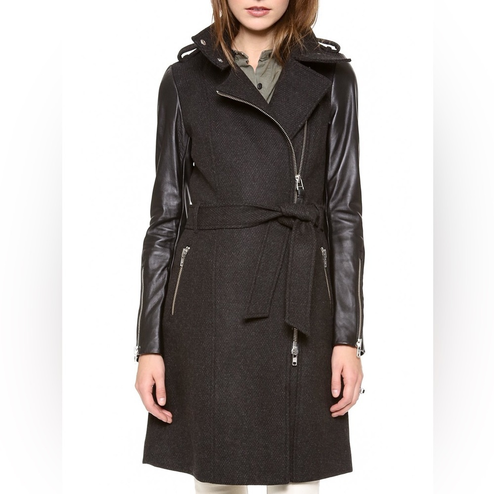 Mackage Women's Wool Trench Coat XXS Asymmetrical Leather Sleeves Whimsigoth